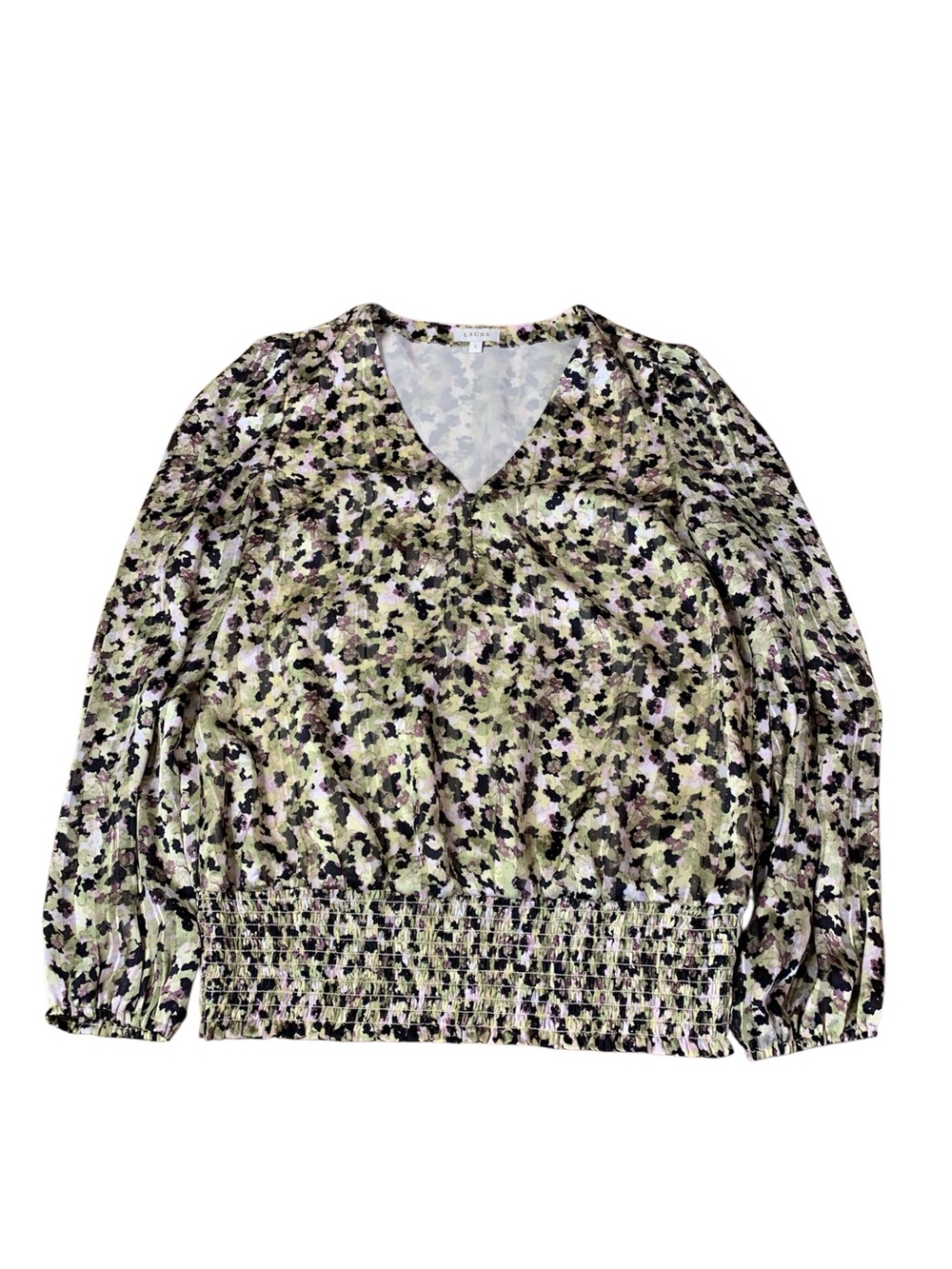 Laura Floral V-Neck Smocked Waist Blouse Top - Size 8